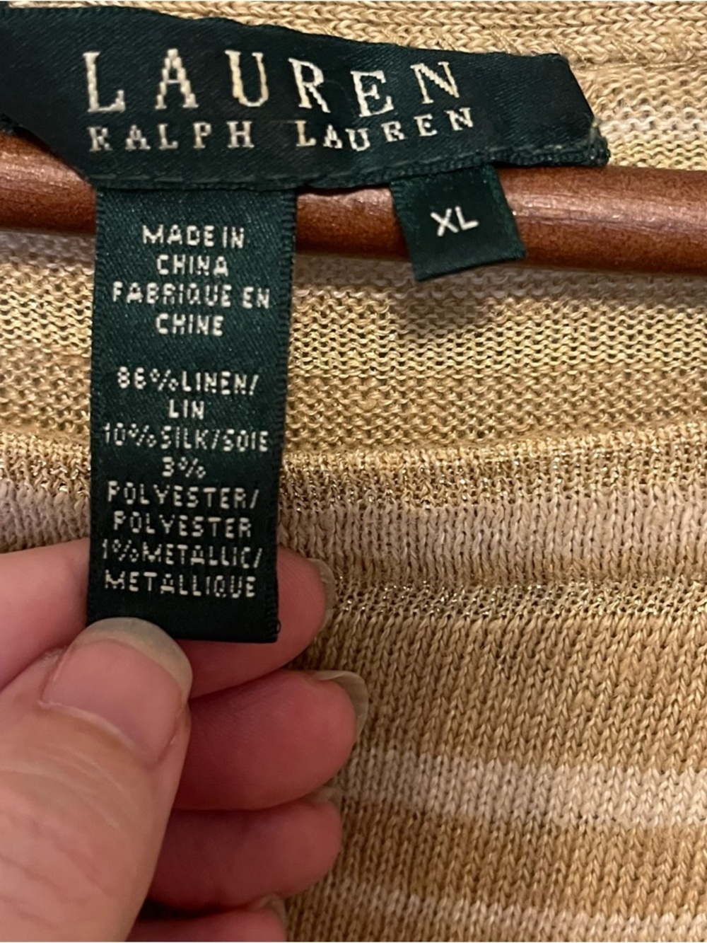 Lauren Ralph Lauren Tan Striped Shimmer Knit Linen Silk Blend Top Size XL - Picture 4 of 11
